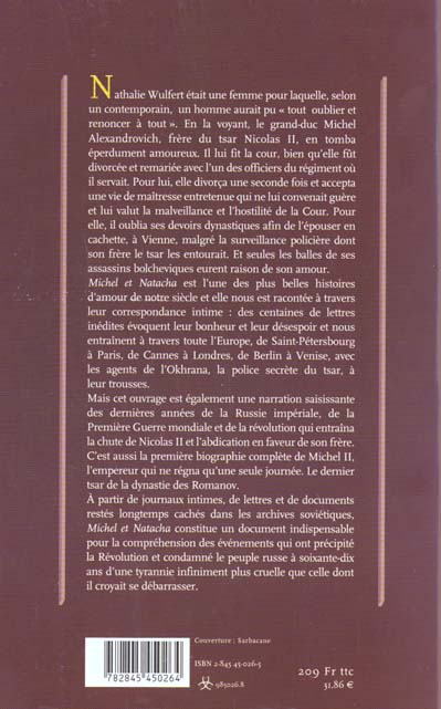 Quatrième de couverture de « MICHEL ET NATACHA. VIE ET AMOUR DU DERNIER TSAR DE RUSSIE »