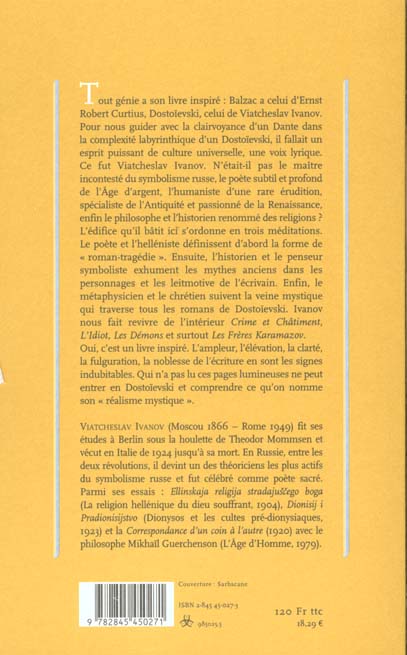 Quatrième de couverture de « DOSTOIEVSKI. TRAGEDIE, MYTHE, RELIGION »