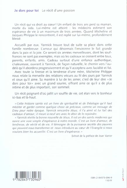 Quatrième de couverture de « JE DORS POUR TOI - PREFACE JEAN VANIER »