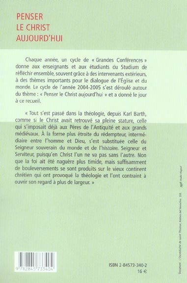 Quatrième de couverture de « PENSER LE CHRIST AUJOURD'HUI »