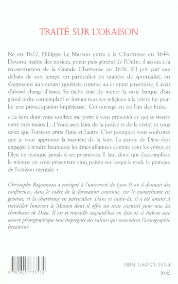 Quatrième de couverture de « TRAITE SUR L ORAISON »