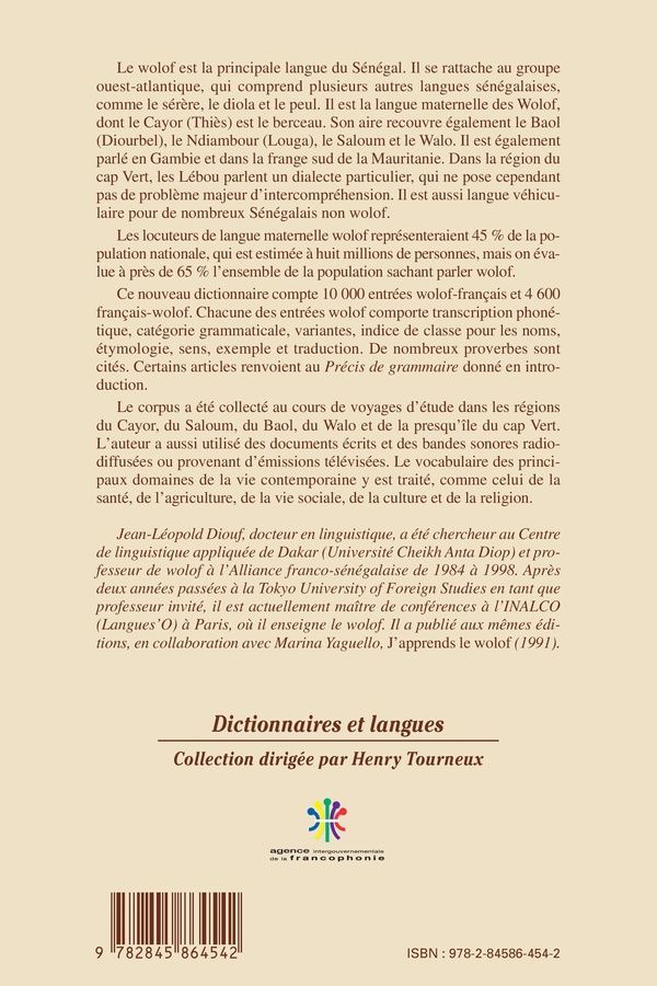 Quatrième de couverture de « DICTIONNAIRE WOLOF-FRANCAIS ET FRANCAIS-WOLOF »