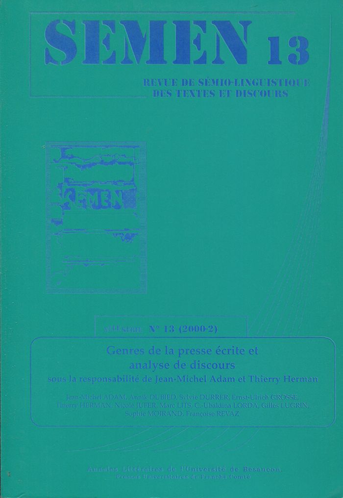 Couverture du livre « SEMEN, N  13/2001 » de Jean-Michel Adam, librairie Les Contes Infusés à Corte
