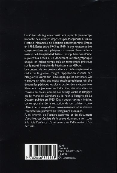 Quatrième de couverture de « Cahiers de la guerre et autres textes »