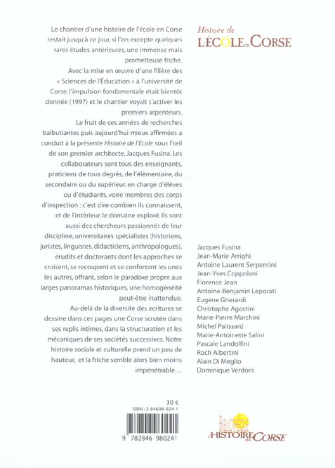 Quatrième de couverture de « HISTOIRE DE L ECOLE EN CORSE »
