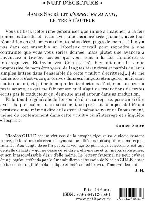 Quatrième de couverture de « L'ESPRIT EN SA NUIT »