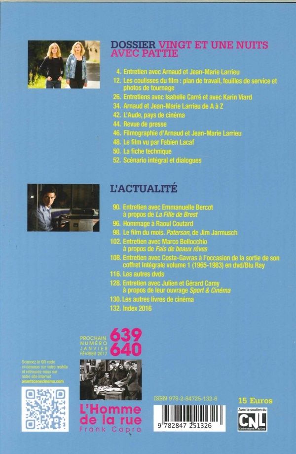 Quatrième de couverture de « L'AVANT-SCENE CINEMA N 638 21 NUITS AVEC PATTIE DECEMBRE 2016 »