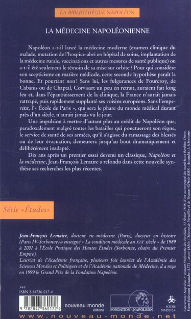 Quatrième de couverture de « LA MEDECINE NAPOLEONIENNE »