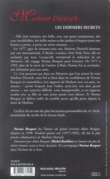 Quatrième de couverture de « MARLENE DIETRICH - LES DERNIERS SECRETS »