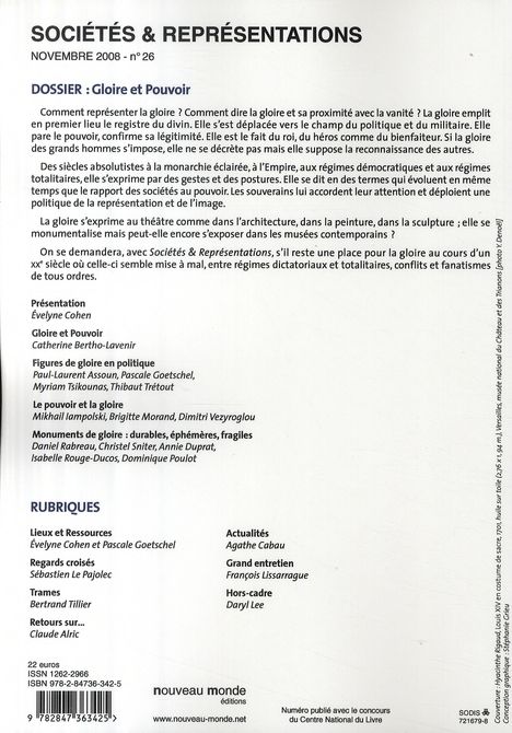 Quatrième de couverture de « SOCIETES ET REPRESENTATIONS N 26 - GLOIRE ET POUVOIR »
