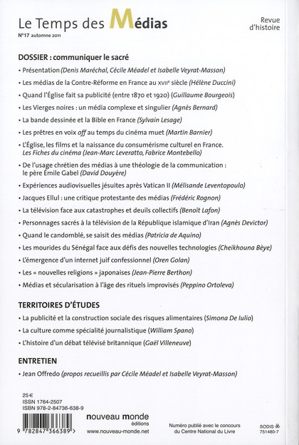 Quatrième de couverture de « LE TEMPS DES MEDIAS N  17 - COMMUNIQUER LE SACRE »