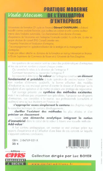 Quatrième de couverture de « PRATIQUE MODERNE DE L'EVALUATION D'ENTREPRISE - VADE-MECUM »