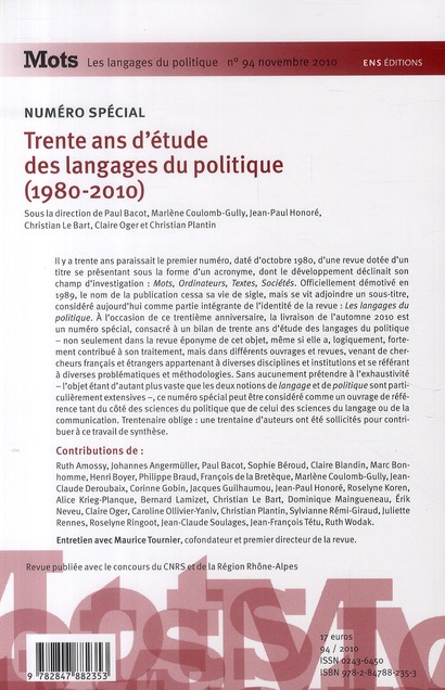 Quatrième de couverture de « MOTS. LES LANGAGES DU POLITIQUE, N 94/NUMERO SPECIAL. TRENTE ANS D'ET UDE DES LANGAGES DU POLITIQUE »