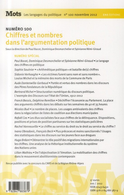 Quatrième de couverture de « MOTS. LES LANGAGES DU POLITIQUE, N 100/2012 (NUMERO SPECIAL). CHIFFRE S ET NOMBRES DANS L'ARGUMENTAT »