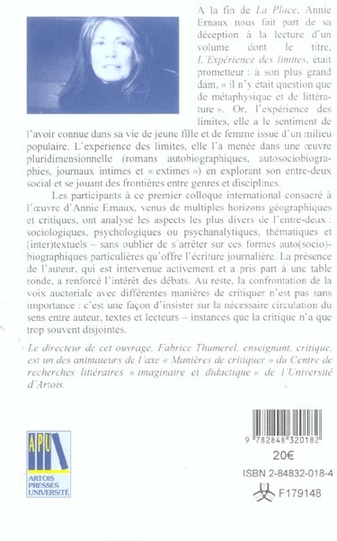 Quatrième de couverture de « ANNIE ERNAUX UNE OEUVRE DE L'ENTRE-DEUX »