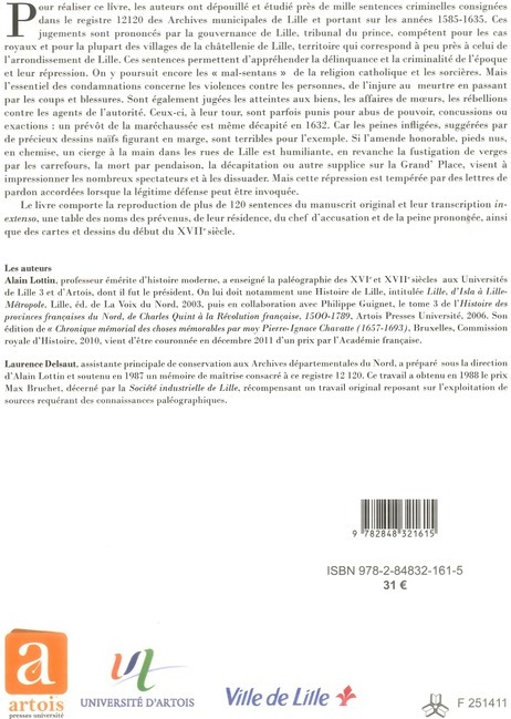 Quatrième de couverture de « SENTENCES CRIMINELLES DE LA GOUVERNANCE DE LILLE 1585-1635 »