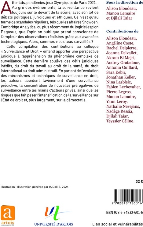Quatrième de couverture de « Surveillance et droit : une appréhension juridique à la croisée des évolutions technologiques et sociétales »
