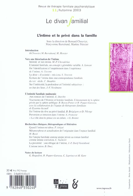 Quatrième de couverture de « L'INTIME ET LE PRIVE DANS LA FAMILLE (L') »