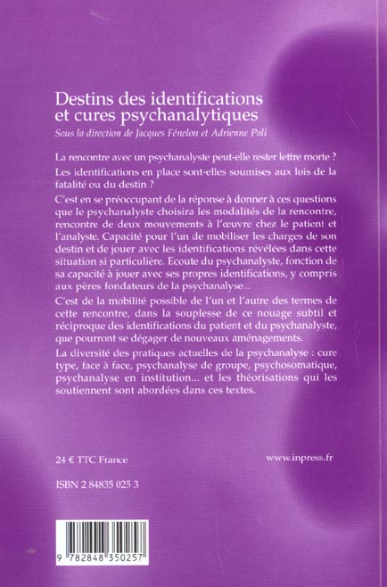 Quatrième de couverture de « DESTINS DES IDENTIFICATIONS ET CURES PSYCHANALYTIQUES »
