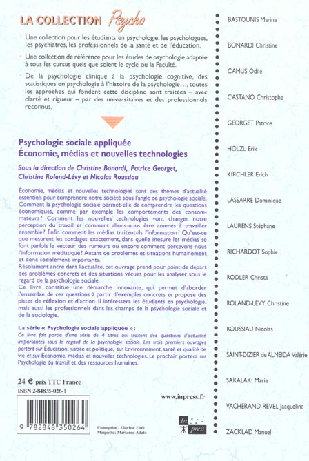 Quatrième de couverture de « PSYCHOLOGIE SOCIALE APPLIQUEE : ECONOMIE MEDIAS ET NOUVELLES TECHNOLOGIES »