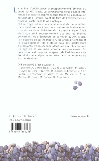 Quatrième de couverture de « L'ADOLESCENCE DANS L'HISTOIRE DE LA PSYCHANALYSE »