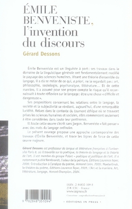 Quatrième de couverture de « EMILE BENVENISTE : L'INVENTION DU DISCOURS »