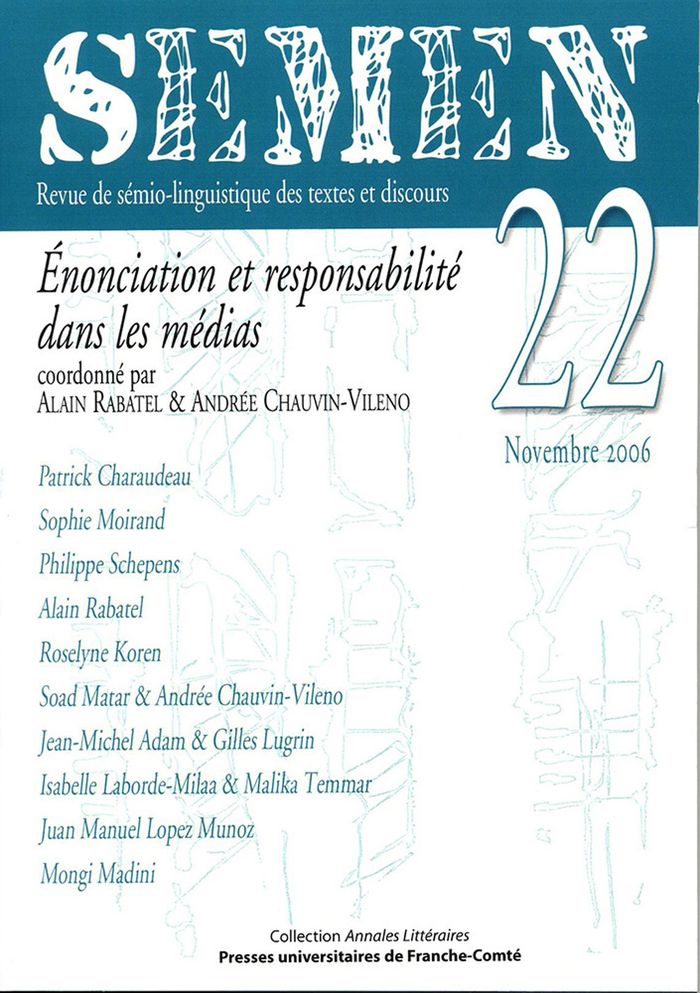 Couverture du livre « SEMEN, N 22/NOVEMBRE 2006 », librairie Les Contes Infusés à Corte