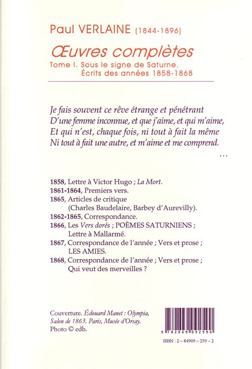 Quatrième de couverture de « OEUVRES COMPLETES. T. 1 (1858-1868) SOUS LE SIGNE DE SATURNE. »