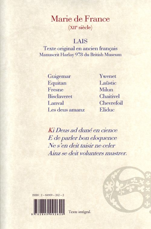 Quatrième de couverture de « LAIS (MS HARLEY 978, BRITISH MUSEUM) »