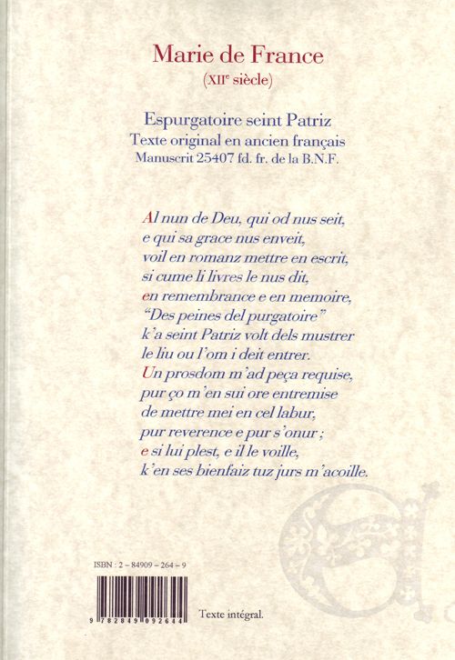 Quatrième de couverture de « ESPURGATOIRE SEINT PATRIZ (MS. B.N.F., F. FR. 25407) »