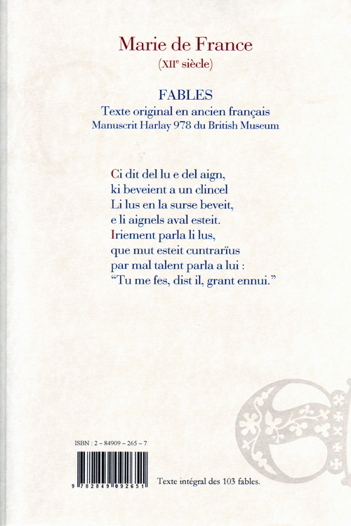 Quatrième de couverture de « FABLES (MS. HARLEY 978, BRITISH MUSEUM) »