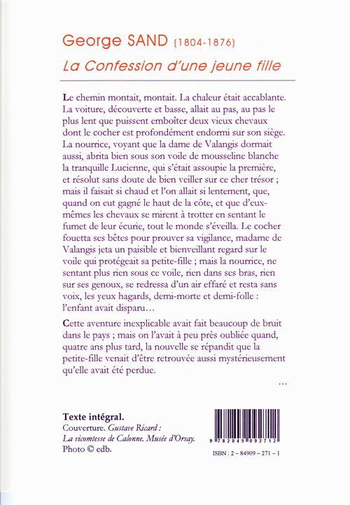 Quatrième de couverture de « LA CONFESSION D'UNE JEUNE FILLE. »