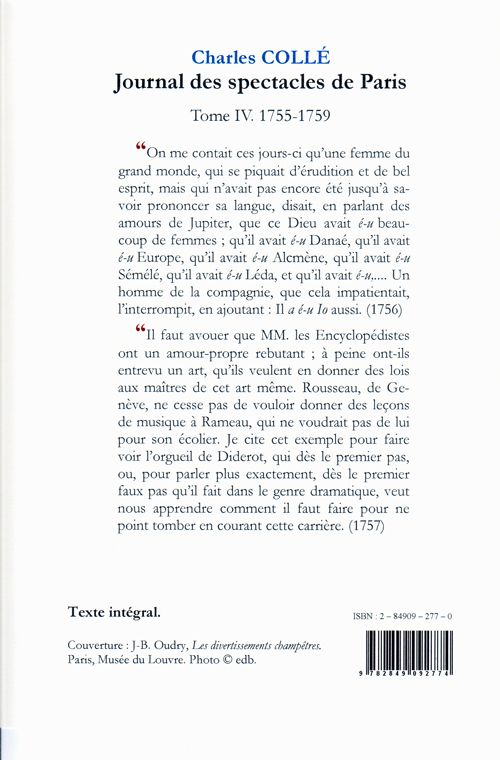 Quatrième de couverture de « JOURNAL DES SPECTACLES DE PARIS. T4 (1755-1759) »