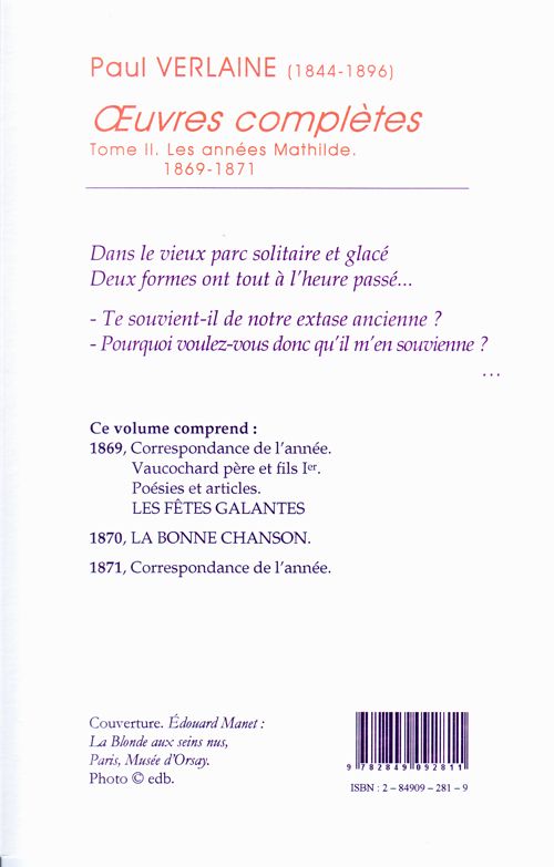 Quatrième de couverture de « OEUVRES COMPLETES. T. 2 (1869-1871) LES ANNEES MATHILDE. »