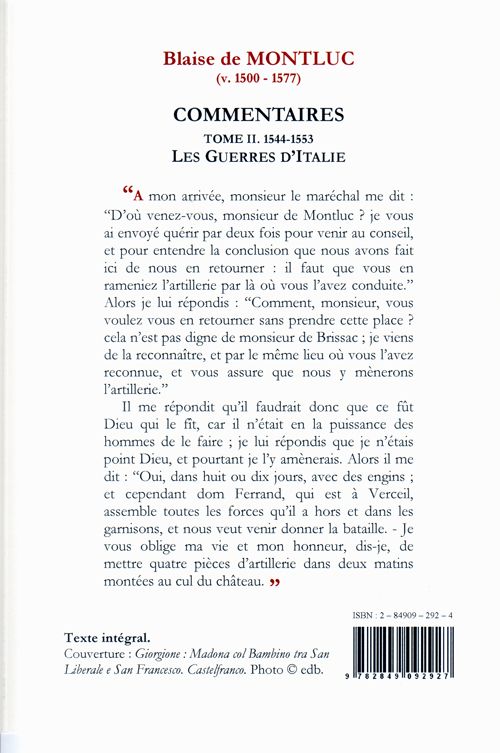 Quatrième de couverture de « COMMENTAIRES. TOME 2 (1544-1553) LES GUERRES D'ITALIE. »