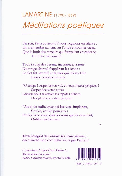 Quatrième de couverture de « MEDITATIONS POETIQUES. »