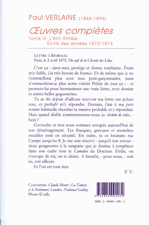 Quatrième de couverture de « OEUVRES COMPLETES. T. 3 (1872-1873) L'AMI RIMBE. »