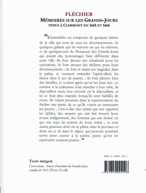 Quatrième de couverture de « MEMOIRES SUR LES GRANDS-JOURS TENUS A CLERMONT EN 1665 ET 1666. »