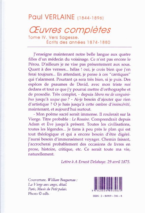 Quatrième de couverture de « OEUVRES COMPLETES. T. 4 (1874-1880) VERS SAGESSE. »
