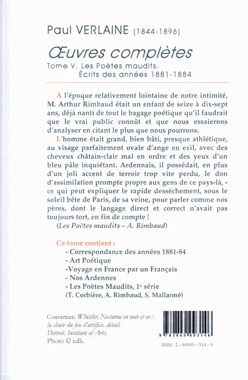 Quatrième de couverture de « OEUVRES COMPLETES. TOME 5 (1881-1884) LES POETES MAUDITS. »