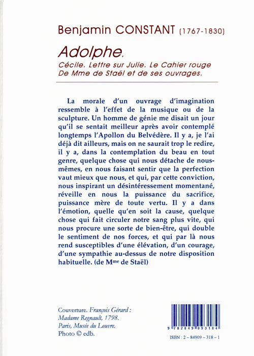 Quatrième de couverture de « ADOLPHE. CECILE. LETTRE SUR JULIE. DE MME DE STAEL. LE CAHIER ROUGE. »
