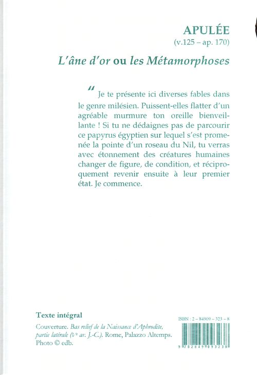 Quatrième de couverture de « L'ANE D'OR OU LES METAMORPHOSES. »