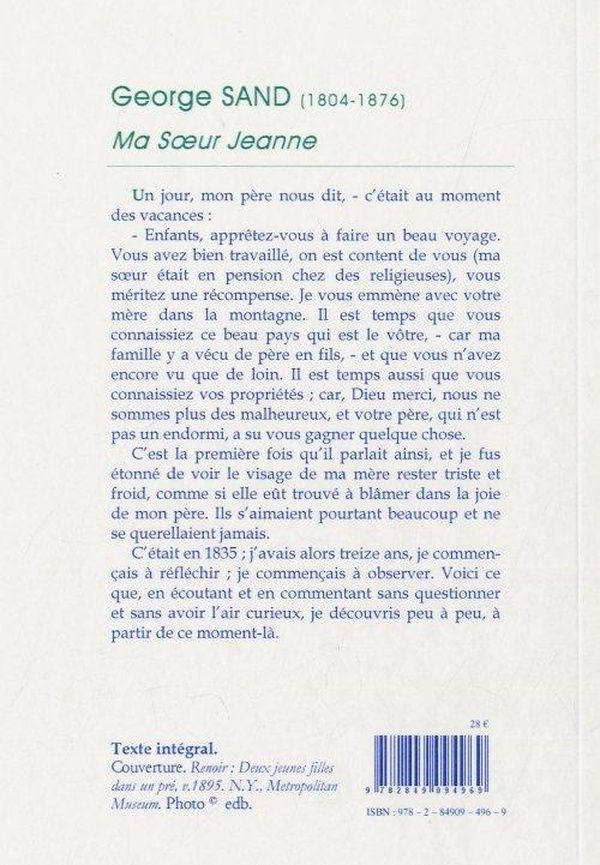 Quatrième de couverture de « Ma soeur Jeanne »