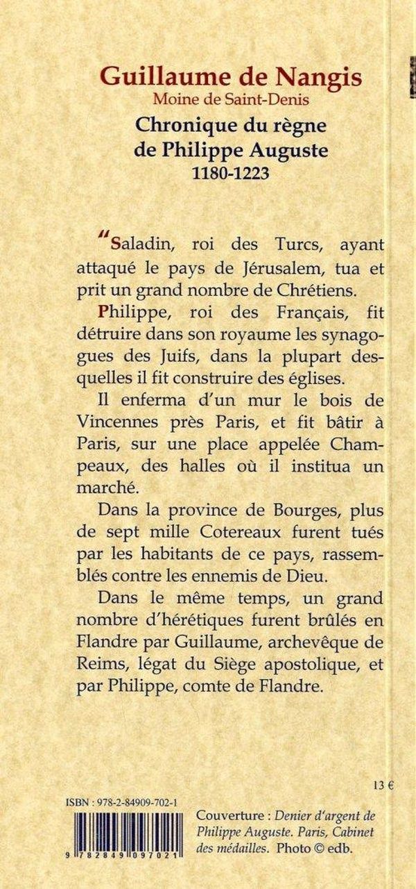 Quatrième de couverture de « CHRONIQUE DU REGNE DE PHILIPPE II AUGUSTE (1180-1223) »