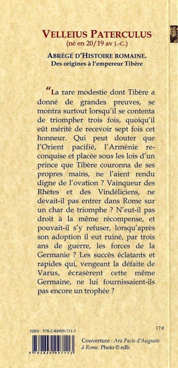 Quatrième de couverture de « ABREGE D'HISTOIRE ROMAINE, DES ORIGINES DE ROME A L'EMPEREUR TIBERE. »