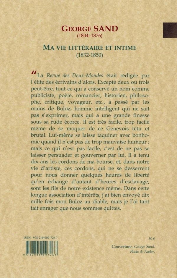 Quatrième de couverture de « Ma vie littéraire et intime : 1832-1850 »