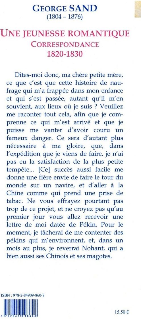 Quatrième de couverture de « Une jeunesse romantique : correspondance »