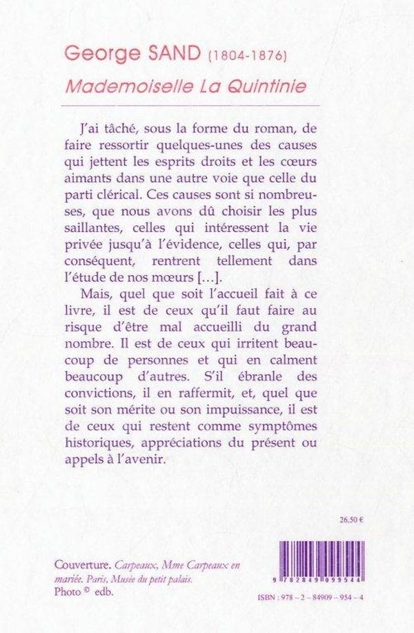Quatrième de couverture de « Mademoiselle la Quintinie »