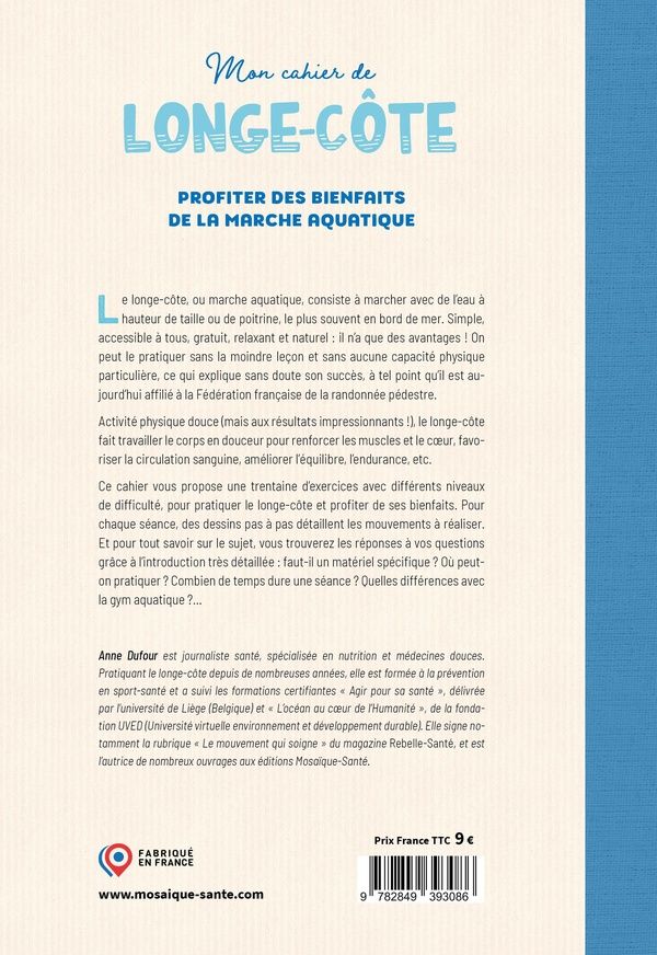 Quatrième de couverture de « Mon cahier de longe-côte : profiter des bienfaits de la marche aquatique »
