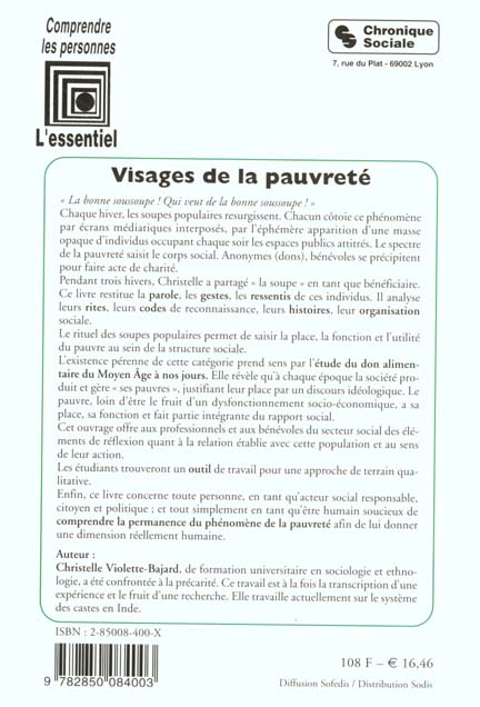 Quatrième de couverture de « VISAGES DE LA PAUVRETE -DON ALIMENTAIRE ET PRECARITE URBAINE »